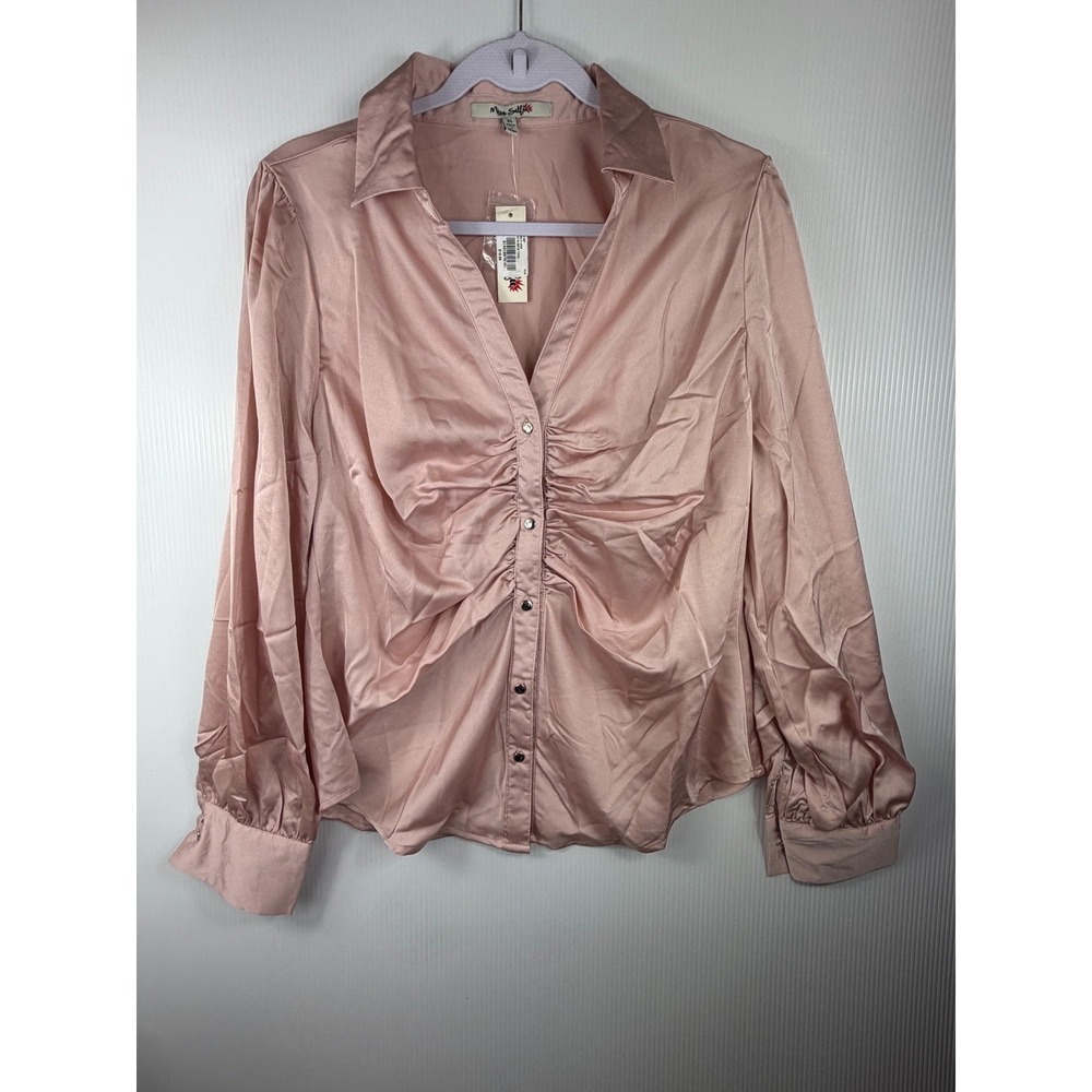 Miss Selfie Large Blush Pink Ruched Satin Blouse Button-Front Long Sleeve Chic